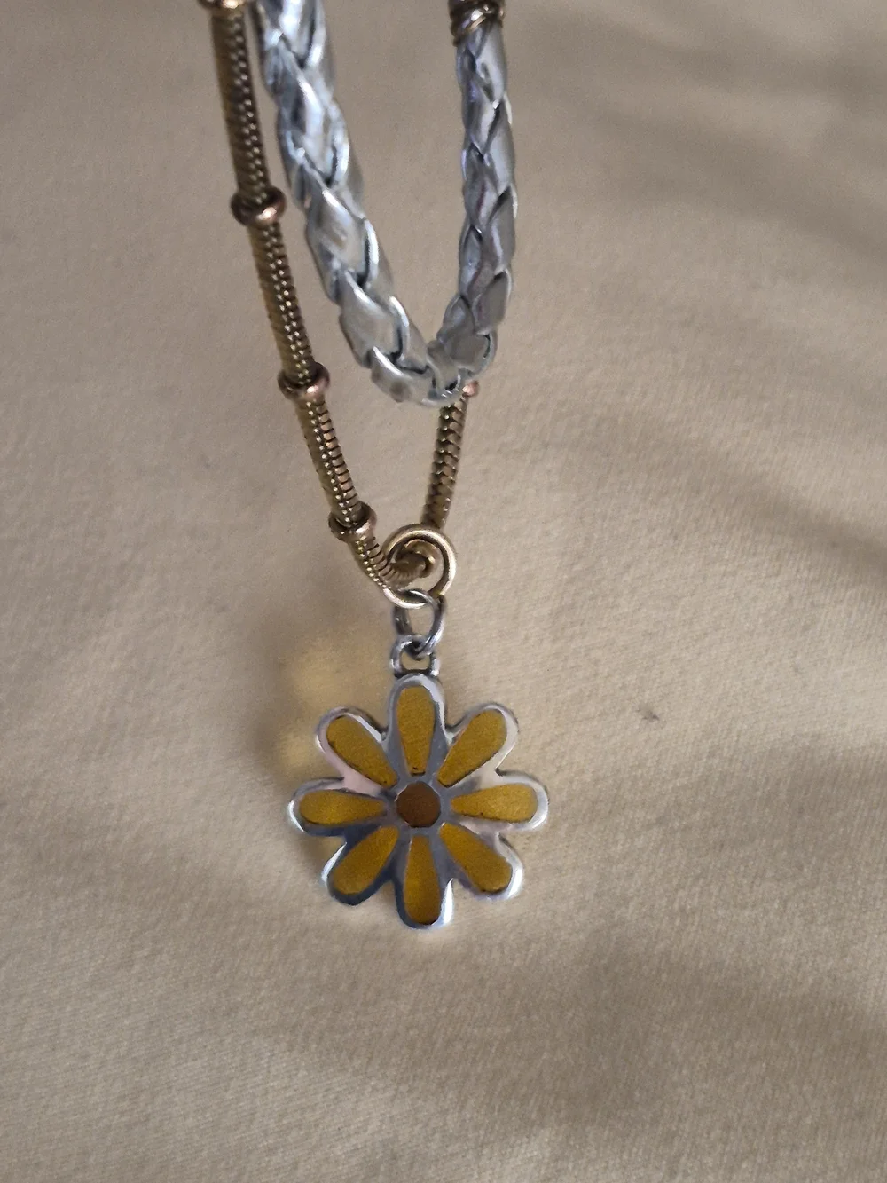 Handmade Sterling Silver Yellow Glass Inlay Daisy Pendant Leather Chain Choker